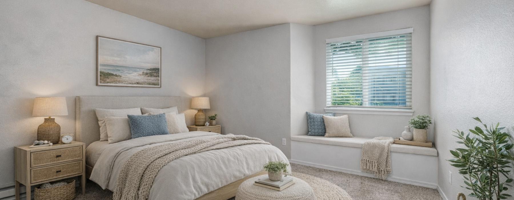 a bedroom with a bed and a couch