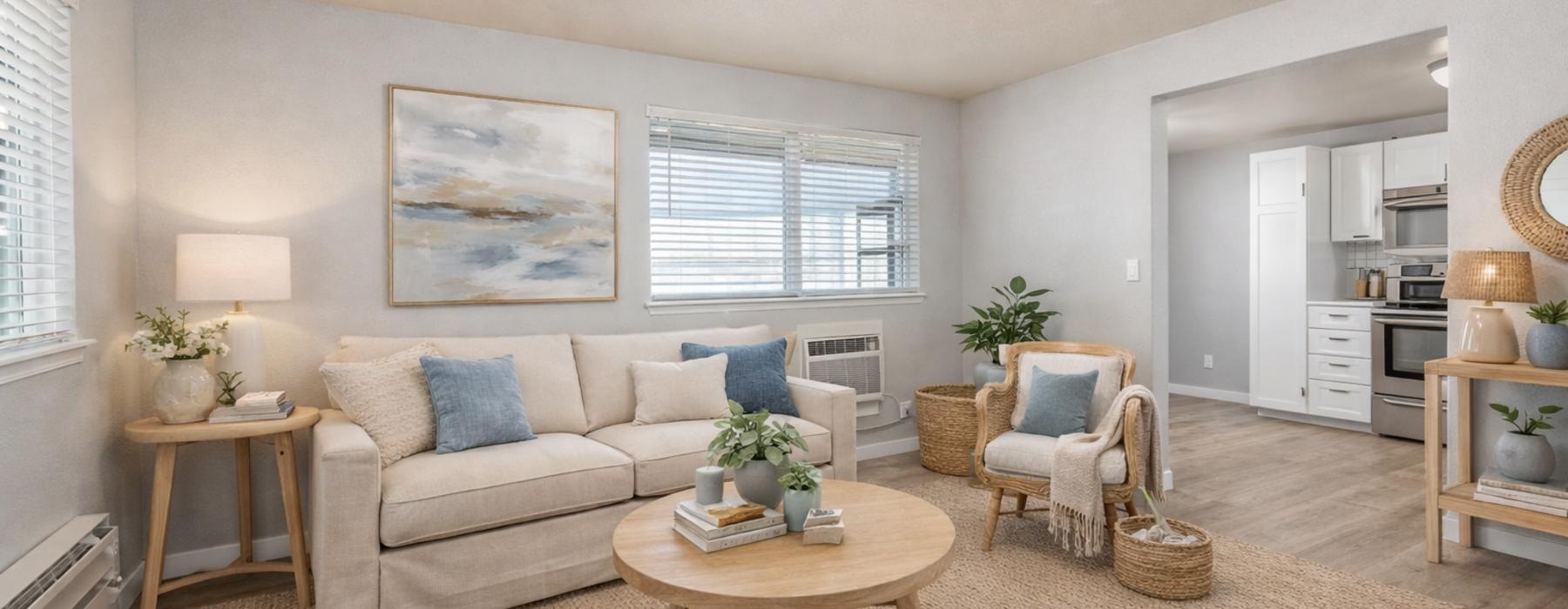 a living room with a couch and a table