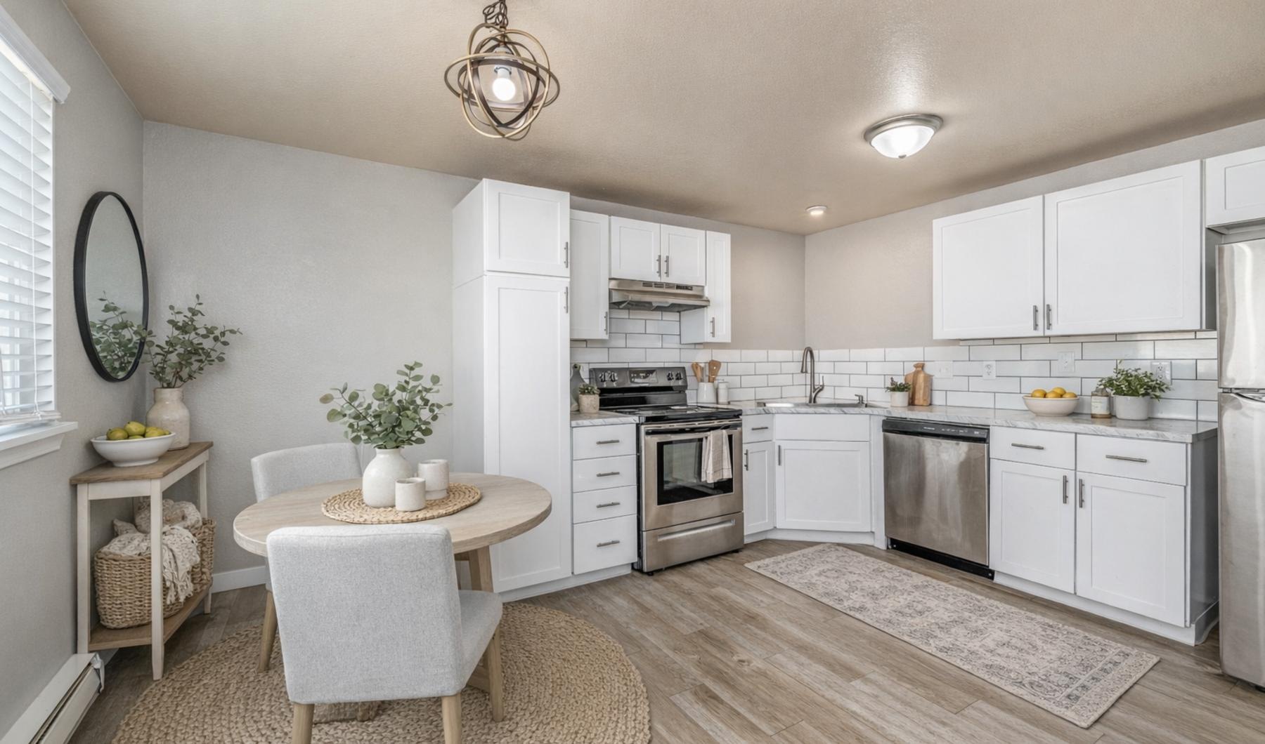 a kitchen with white cabinets